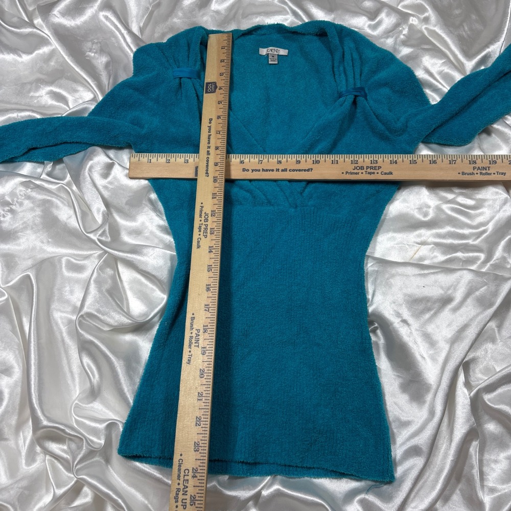 y2k Cache Sweater Teal Blue Excellent Fuzzy Chenille V-Neck Ribbed Waist Top M - Picture 5 of 5